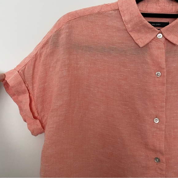 Tahari 100% Linen Women Button Front Short Sleeves Shirt Coral Top - Picture 3 of 14